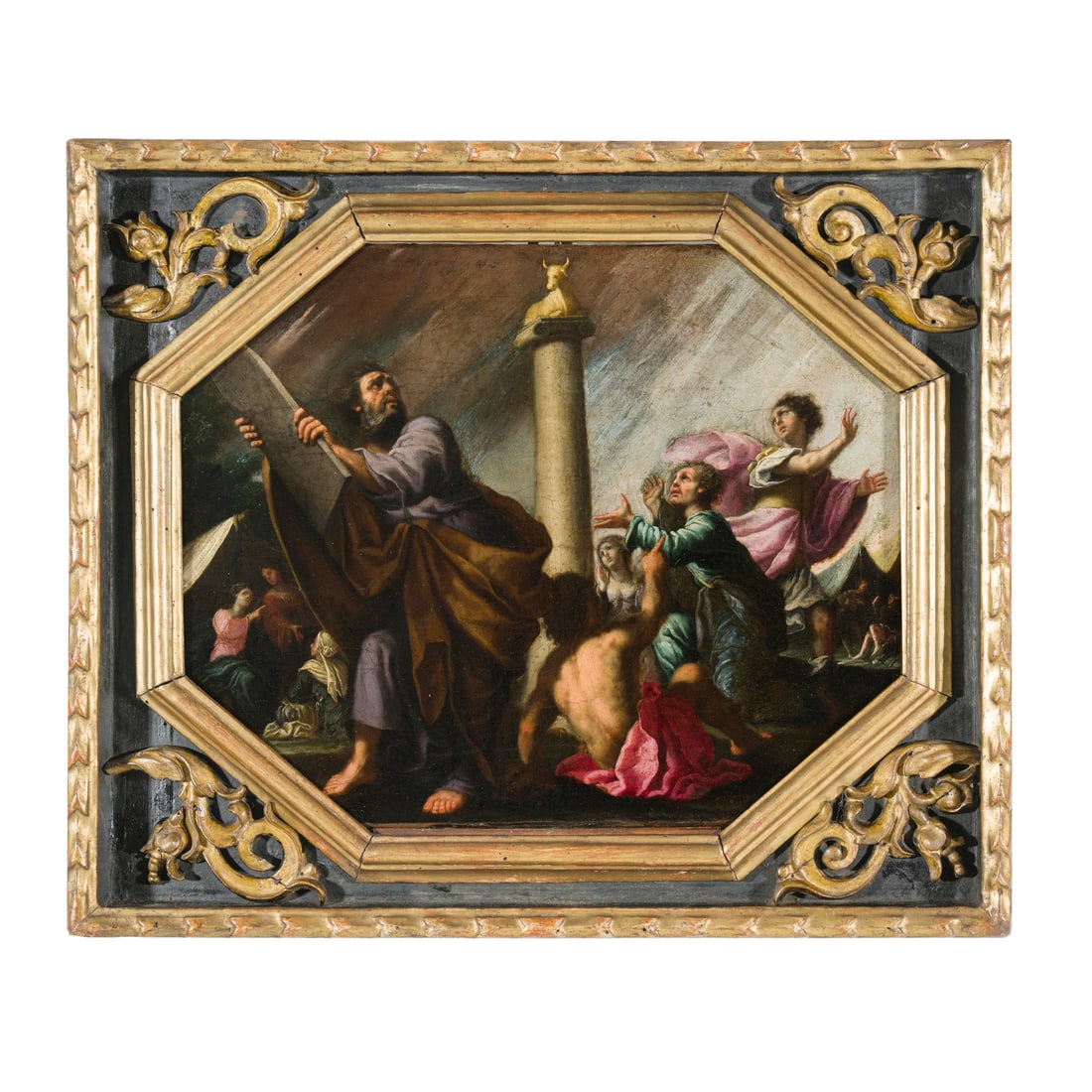 Luca Ferrari, Luca da Reggio (Reggio Emilia 1605 - Padova 1654) cerchia di: Luca Ferrari, Luca da Reggio (Reggio Emilia 1605 - Padova 1654) cerchia di Mosè e il Vitello d'oro Olio su tela 37,5 x 48 cm Luca Ferrari svolse il suo periodo di apprendistato nella bottega di Guido