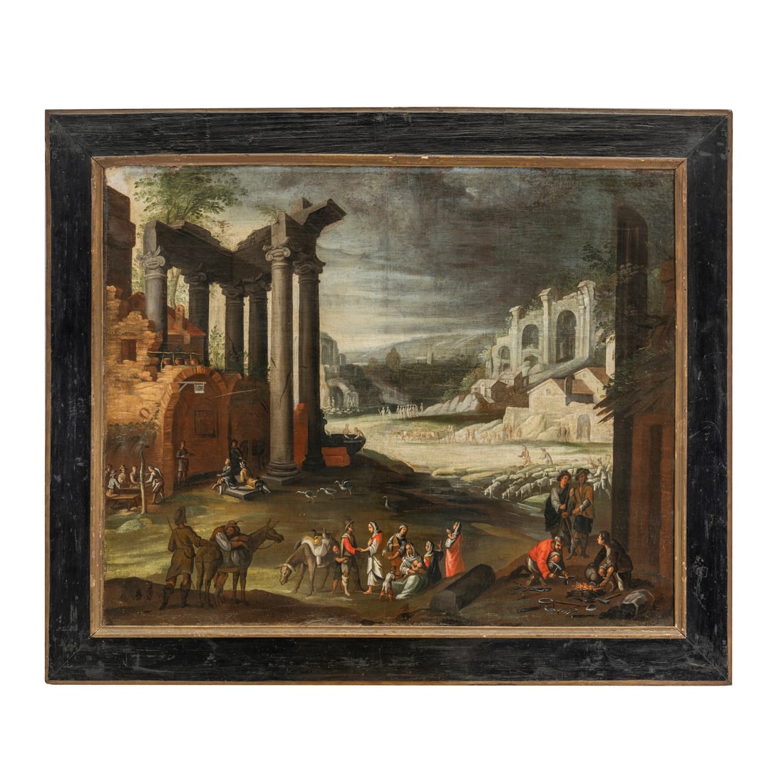 Paul Brill (Anversa 1554 - Roma 1626) bottega/cerchia di: Paul Brill (Anversa 1554 - Roma 1626) bottega/cerchia di Veduta di Roma con Campo Vaccino Olio su tela 93 x 116 cm Basandoci sulle notizie del biografo Karel van Mander, Paul Brill fu allievo di Damia