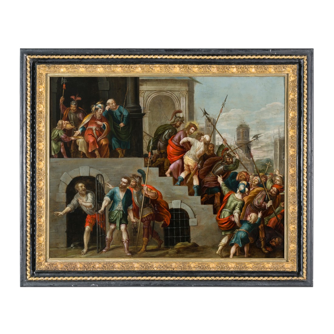 Peeter Sion (Anversa 1624 - 1695): Peeter Sion (Anversa 1624 - 1695) Gesù dopo la condanna, preso in consegna dai soldati romani Olio su rame 60 x 78 cm L'opera è corredata da un'attribuzione scritta via email della dottoressa Ursula