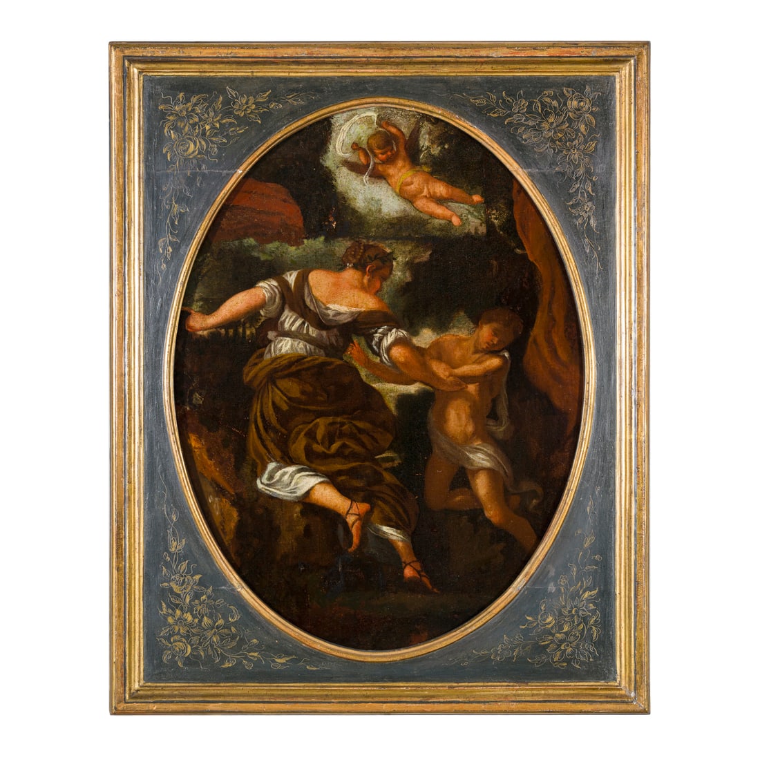Scuola veneta del XVI/XVII secolo: Scuola veneta del XVI/XVII secolo L'angelo appare ad Agar e Ismaele Olio su tela applicata su tavola 59 x 44 cm A Venezia, all’inizio del XVII secolo, si imposero una serie di pittori che portarono 