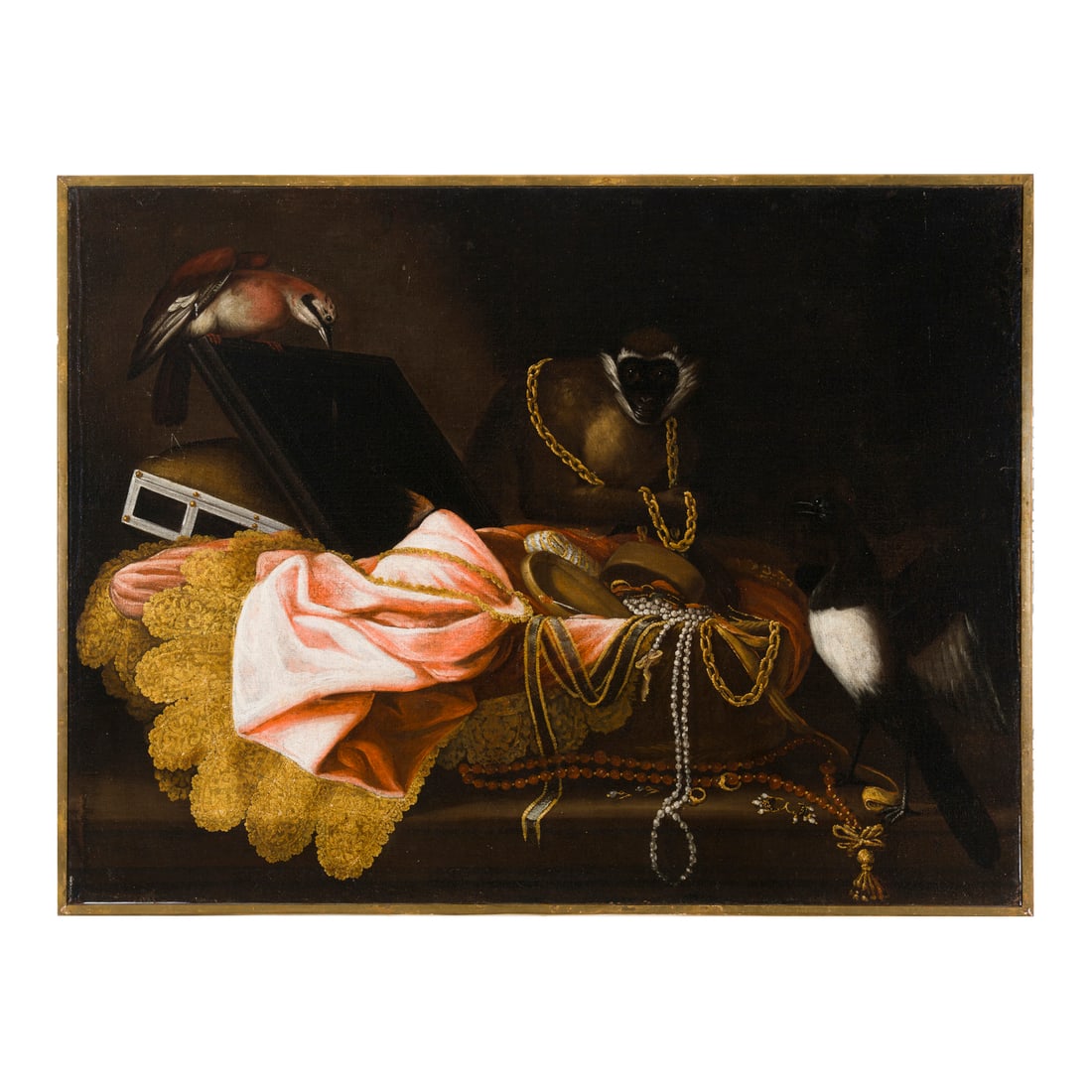 Scuola fiamminga del XVII secolo: Scuola fiamminga del XVII secolo Natura morta con gioielli, scimmia e uccelli Olio su tela 95 x 126 cm Flemish school of the 17th century Still Life with Jewellery, a Monkey and Birds Oil on canvas 95