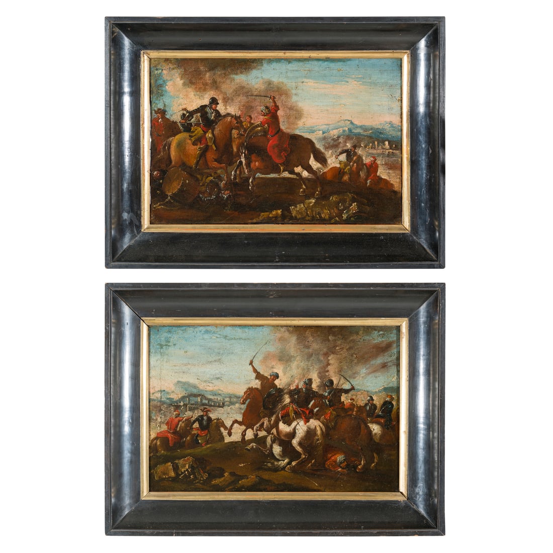 Scuola emiliana del XVIII secolo: Scuola emiliana del XVIII secolo Battaglia tra cristiani e turchi - Battaglia tra cavallerie Olio su tela 28 x 42,5 cm Le due battaglie mostrano elementi stilistici riconducibili al parmense Ilario Sp
