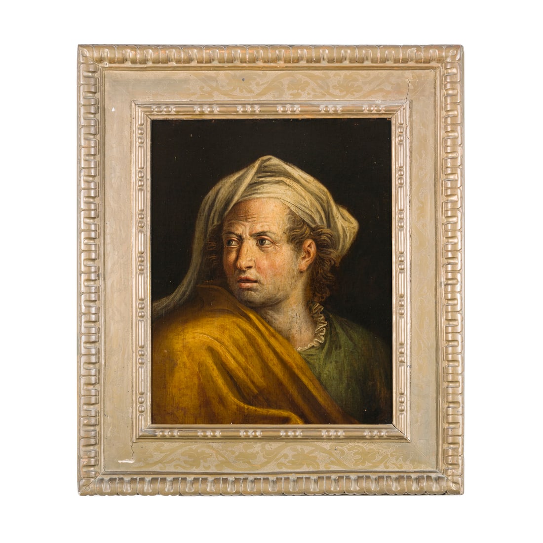 Scuola italiana del XVIII secolo: Scuola italiana del XVIII secolo Uomo con copricapo Olio su tela 67 x 55 cm Italian school of the 18th century Man Wearing a Headdress Oil on canvas 67 x 55 cm