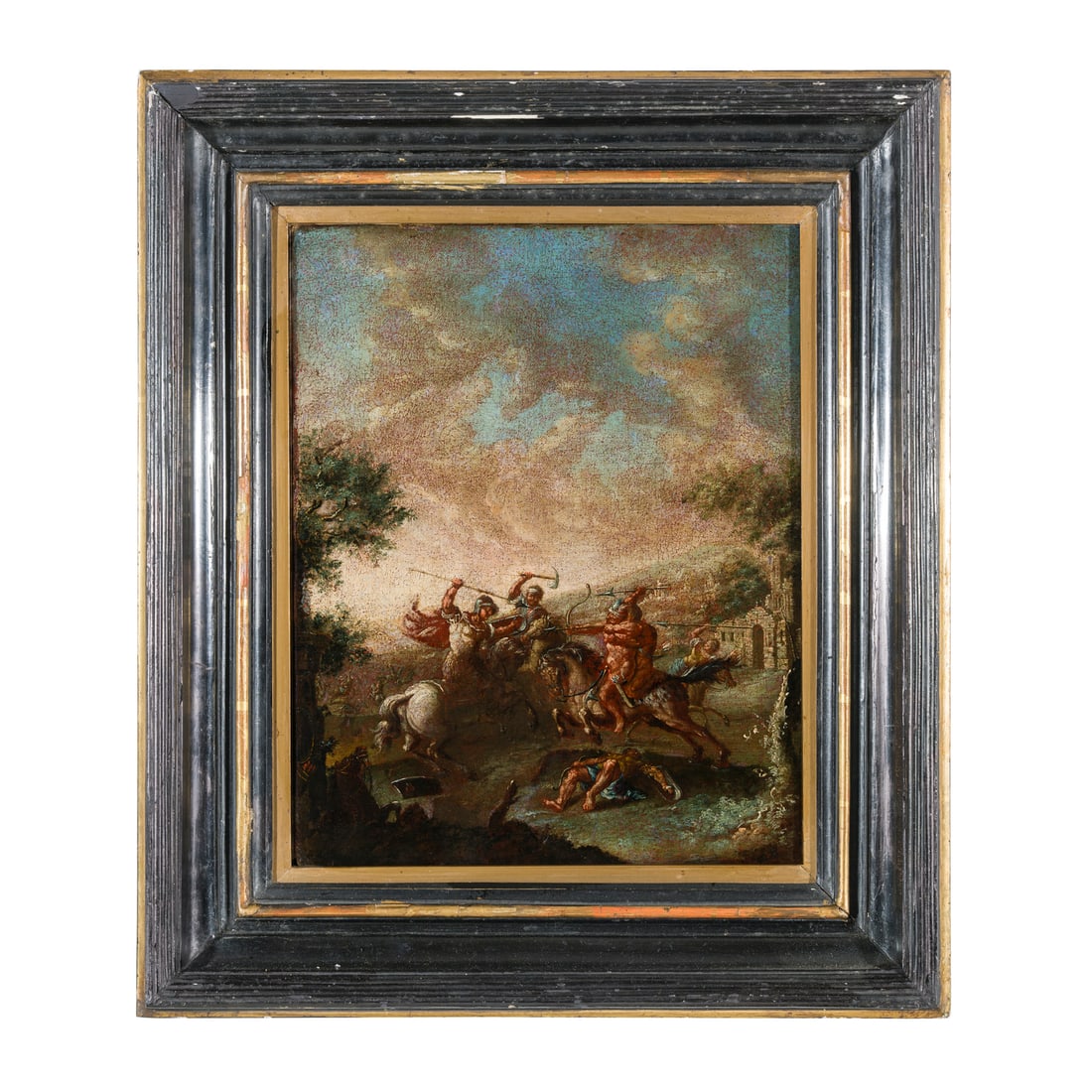 Scuola fiamminga del XVII secolo: Scuola fiamminga del XVII secolo Battaglia del Lago Regillo, con l'intervento miracoloso dei Dioscuri in favore dei romani Olio su tela 37 x 30 cm Flemish school of the 17th century Battle of Lake Reg