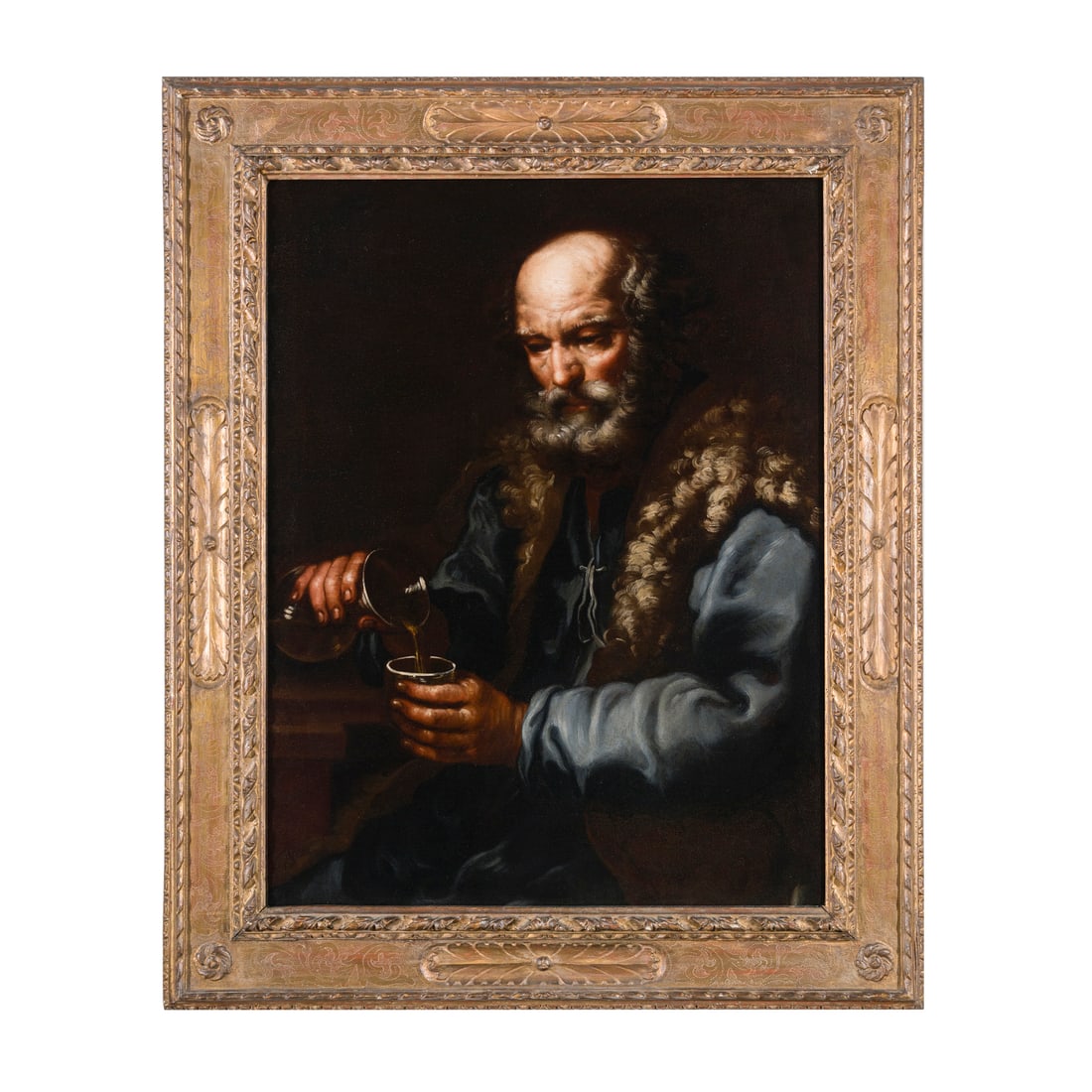 Monsù Bernardo, Eberhard o Bernhard Keilhau (Helsingør 1624 - Roma 1687): Monsù Bernardo, Eberhard o Bernhard Keilhau (Helsingør 1624 - Roma 1687) Vecchio che si versa del vino o allegoria del gusto Olio su tela 95,5 x 73 cm Il dipinto trova preciso riferimento nella tela