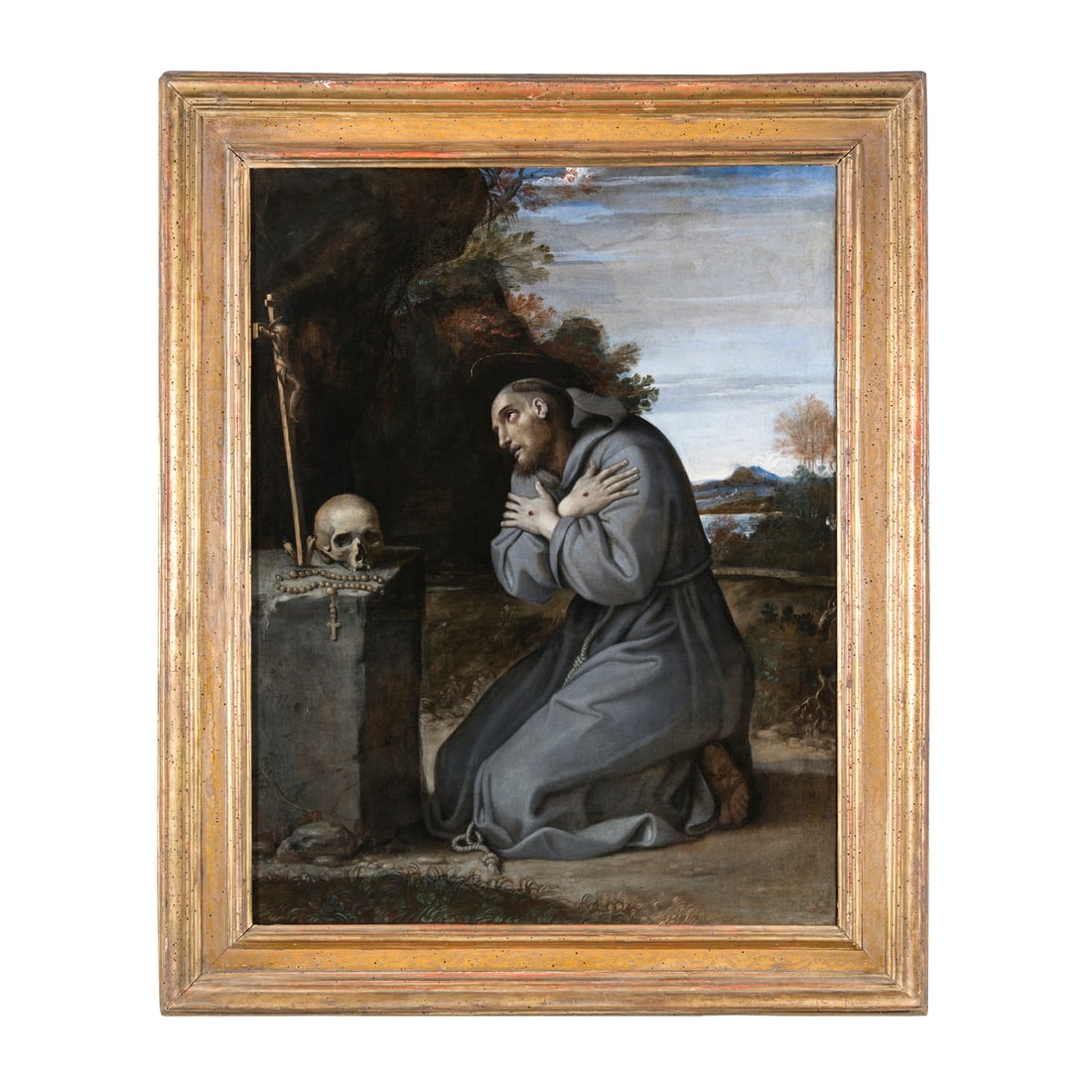 Antonio Carracci (Venezia 1583?- Roma 1618): Antonio Carracci (Venezia 1583? - Roma 1618) San Francesco in preghiera Olio su tela 98 x 76 cm Il dipinto è conservato in un'importante cornice detta "Albana", ovvero una cornice bolognese a cassett