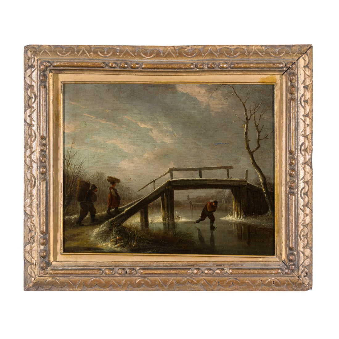Scuola olandese del XVIII secolo: Scuola olandese del XVIII secolo Paesaggio invernale con pattinatore Olio su tela 30,6 x 36,8 cm Dutch school of the 18th century Winter Landscape with Skater Oil on canvas 30,6 × 36,8 cm
