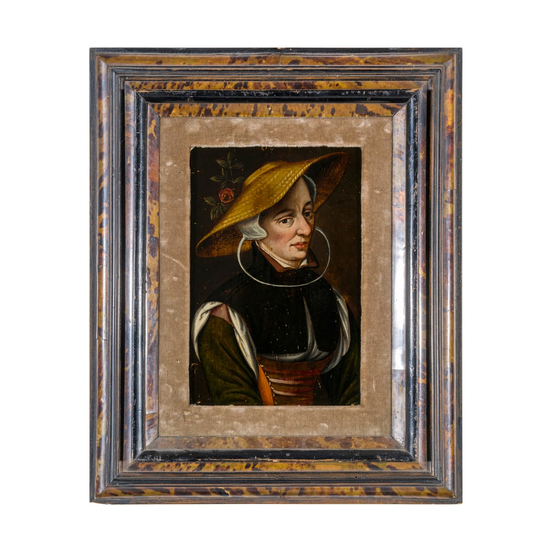 Scuola fiamminga o tedesca del XVII secolo: Scuola fiamminga o tedesca del XVII secolo Ritratto di donna con rosa sul cappello Olio su tavola 29 x 20 cm Flemish or German school of the 17th century Portrait of a Woman with a Rose in Her Hat Oil