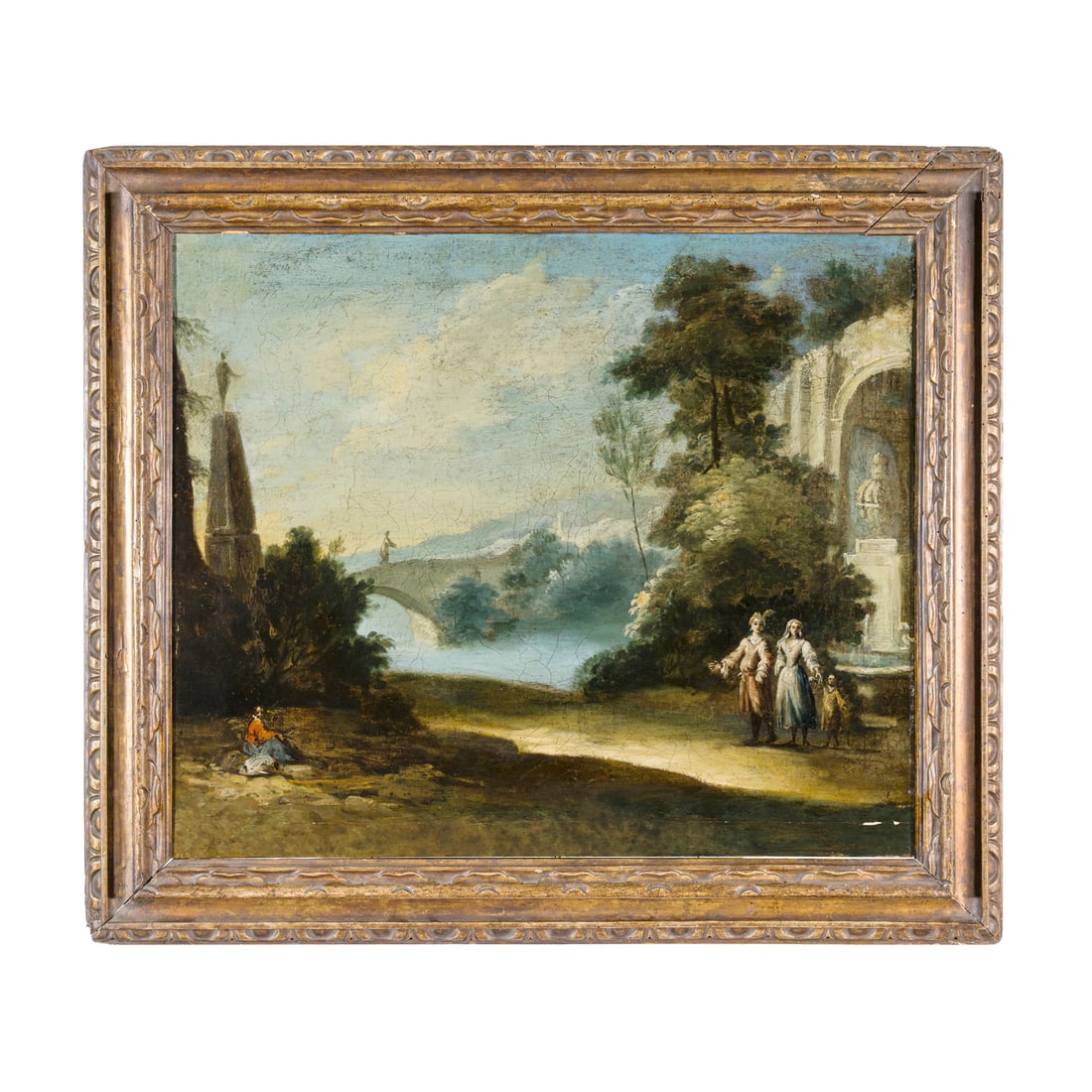Scuola piemontese del XVIII secolo: Scuola piemontese del XVIII secolo Paesaggio con rovine e personaggi Olio su tela 60 x 75,5 cm L'opera mostra affinità stilistiche con Vittorio Amedeo Cignaroli e Angela Maria Pittetti Piedmontese sc