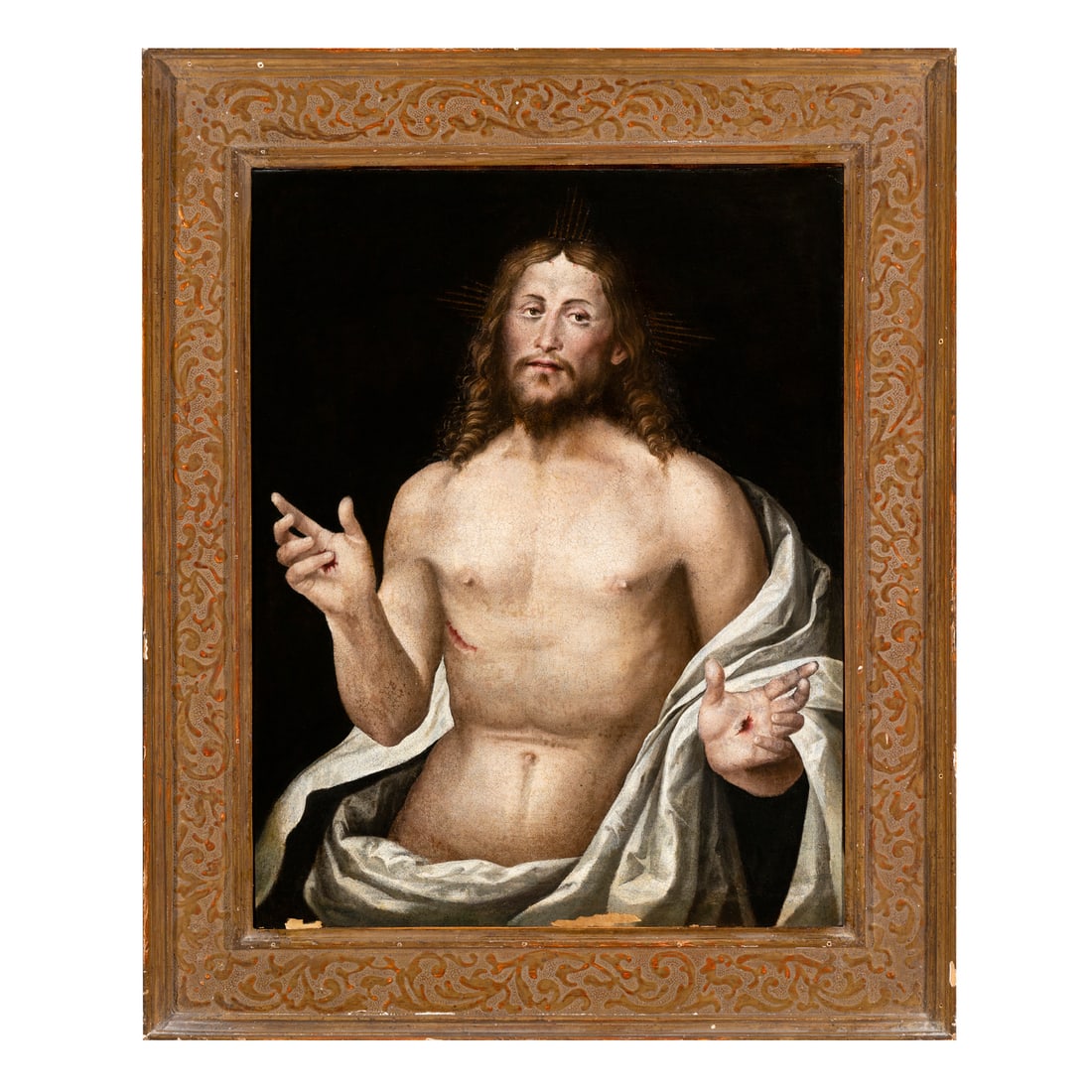 Bartolomeo Cincani detto Montagna (Orzinuovi 1449/1450 - Vicenza 1523) attribuito: Bartolomeo Cincani detto Montagna (Orzinuovi 1449/1450 - Vicenza 1523) attribuito Cristo risorto Olio su tela 70,5 x 55,5 cm Per una comparazione stilistica, si vedano le opere pubblicate nel testo in