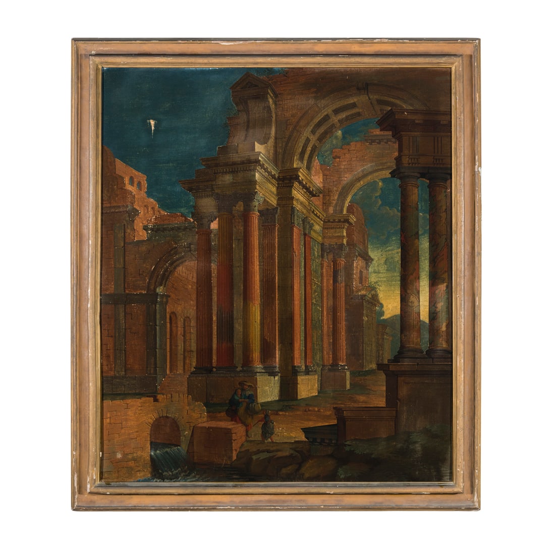 Pietro Paltronieri, il Mirandolese (Mirandola 1673 - Bologna 1741) bottega di: Pietro Paltronieri, il Mirandolese (Mirandola 1673 - Bologna 1741) bottega di Capriccio architettonico con figure Olio su tela 121 x 100,5 cm Pietro fu un allievo di Giovanni Francesco Cassana e di Ma