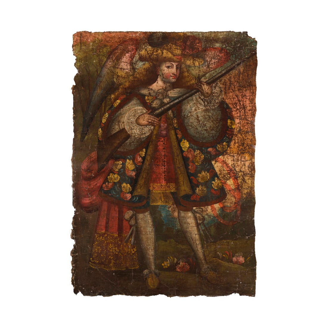 Scuola di Cuzco, Escuela Cuzqueña, del XVIII secolo: Scuola di Cuzco, Escuela Cuzqueña, del XVIII secolo Angelo con archibugio Olio su tela (priva di telaio) 100 x 70 cm Cuzco school, Escuela Cuzqueña of the 18th century Angel with Arquebus Oil on can
