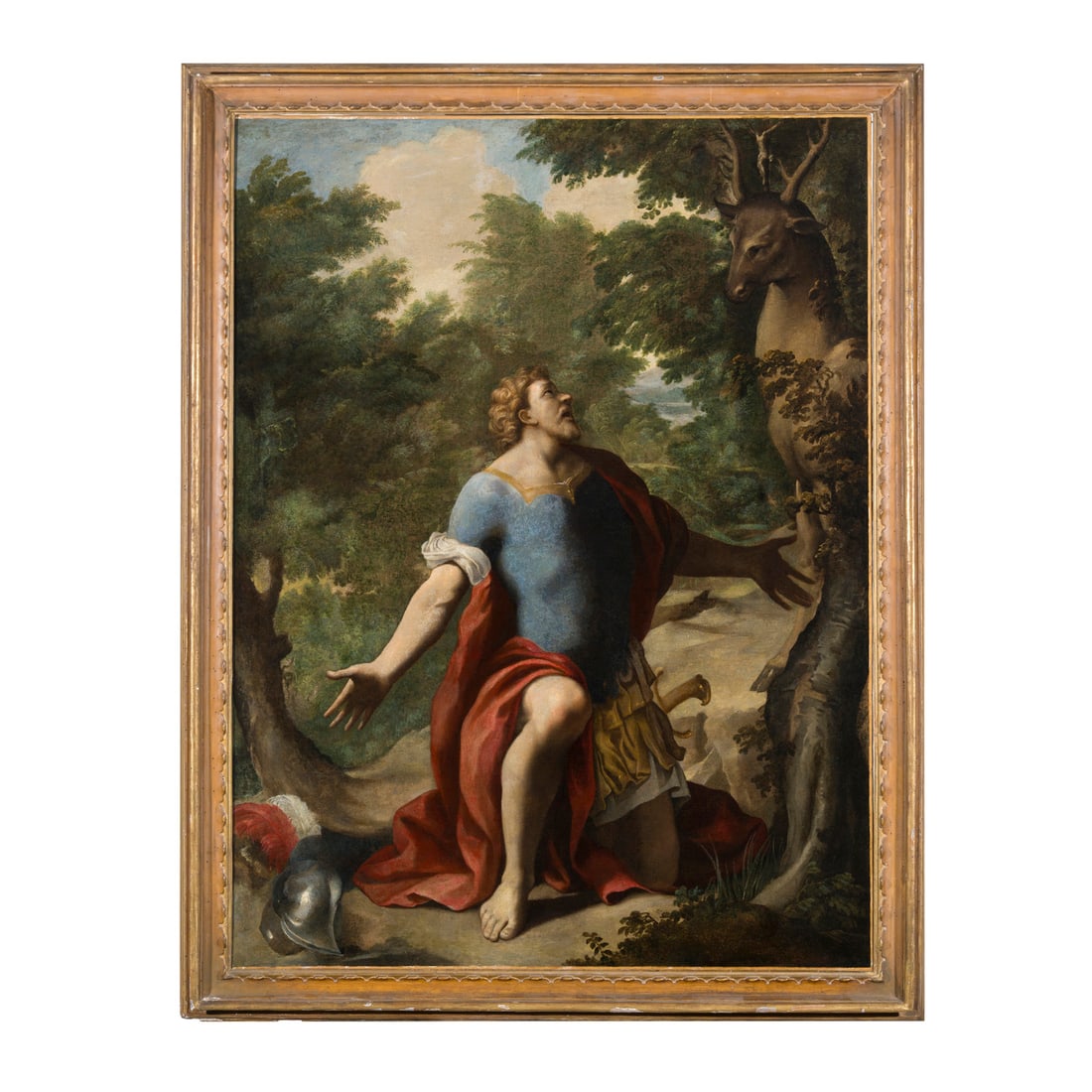 Pittore attivo a Roma nel XVII/XVIII secolo: Pittore attivo a Roma nel XVII/XVIII secolo Visione di Sant'Eustachio Olio su tela 152 x 114 cm Painter active in Rome in the 17th/18th century Vision of Saint Eustace Oil on canvas 152 x 114 cm