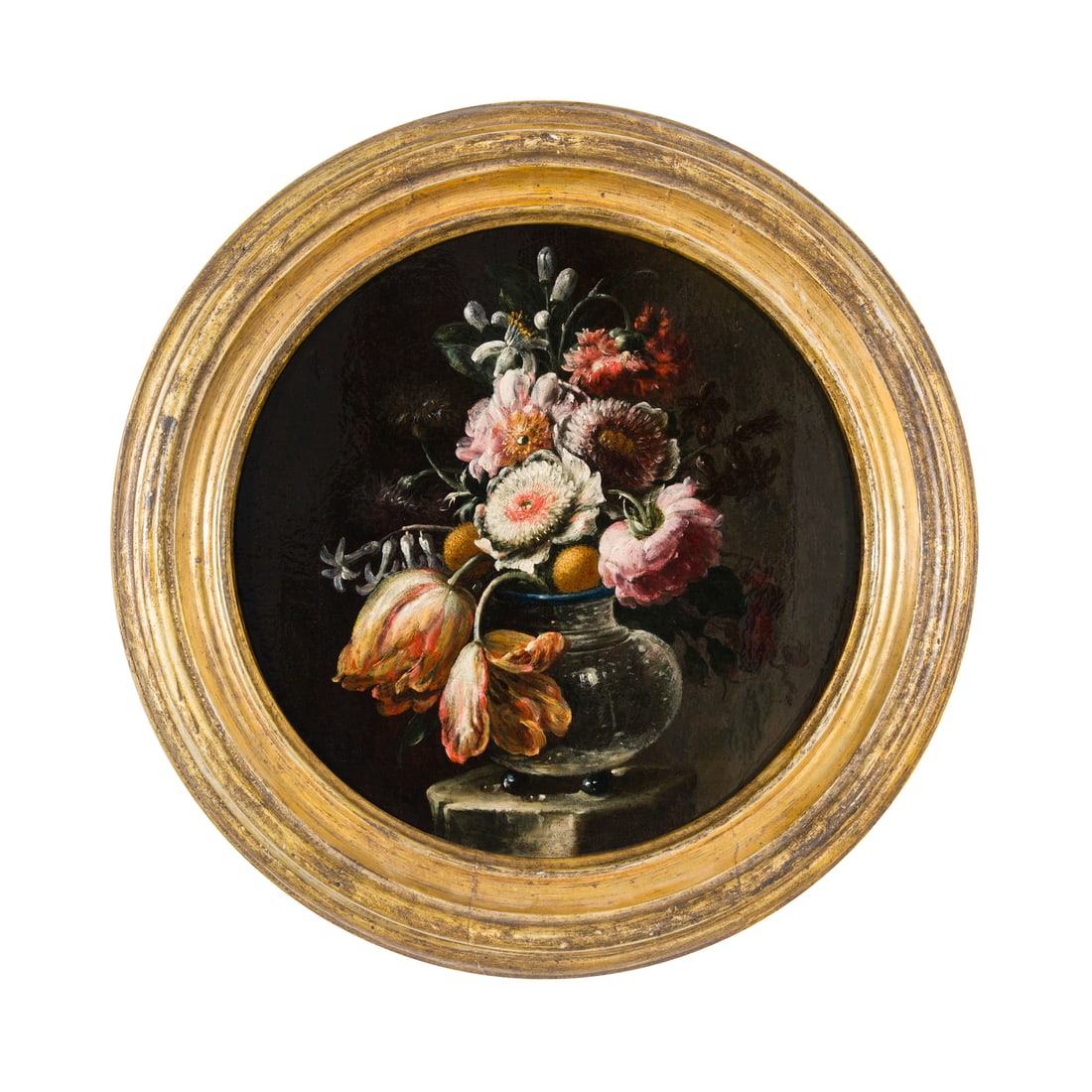 Scuola napoletana del XVII/XVIII secolo: Scuola napoletana del XVII/XVIII secolo Vaso fiorito Olio su tavola d 30 cm Neapolitan school of the 17th/18th century Vase with Flowers Oil on panel d 30 cm