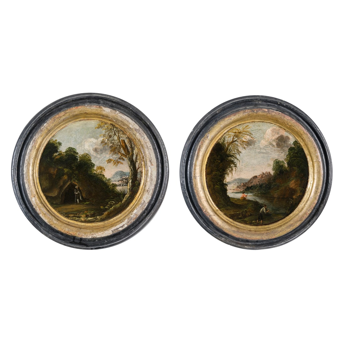 Scuola romana del XVII secolo: Scuola romana del XVII secolo Paesaggio con pescatori - Paesaggio con grotta Olio su tavola d 27,5 cm (a vista) Roman school of the 17th century Landscape with Fishermen - Landscape with a Cave Oil on