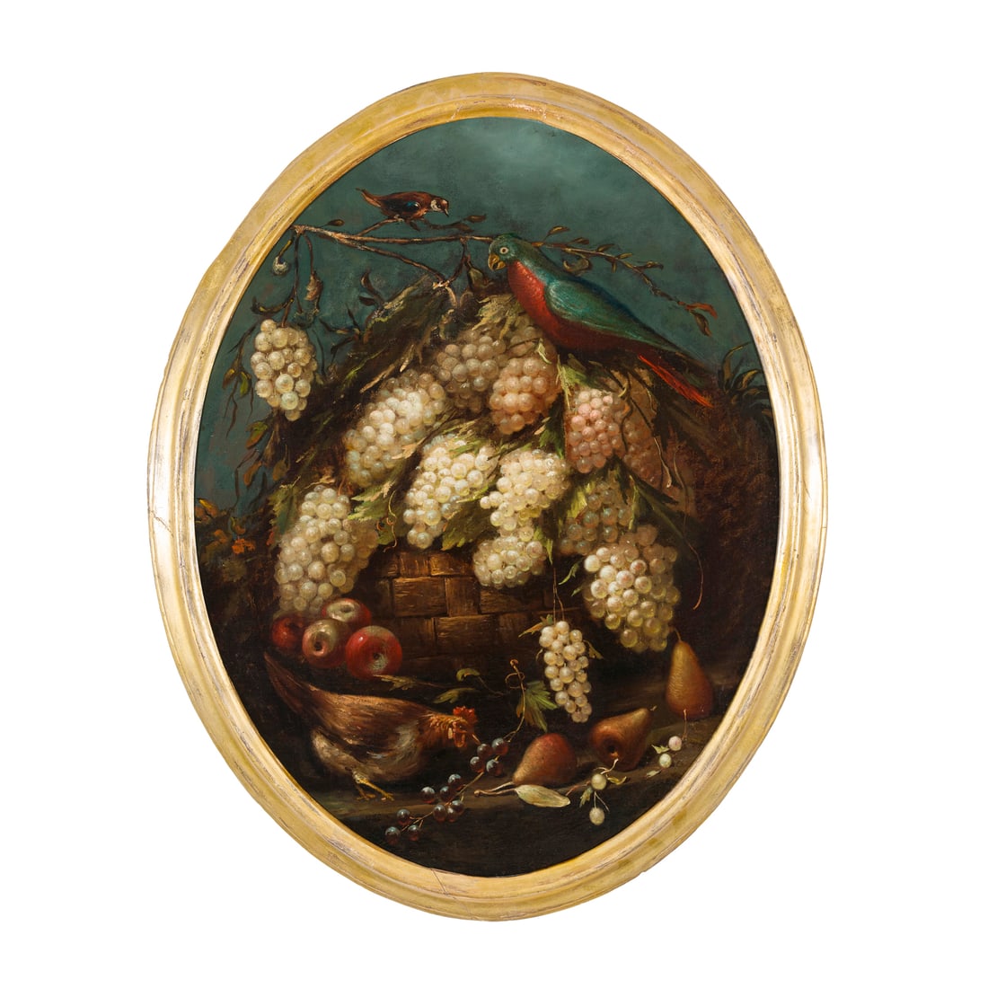 Gilardo da Lodi (attivo a Lodi e Milano all’inizio del XVIII secolo): Gilardo da Lodi (attivo a Lodi e Milano all’inizio del XVIII secolo) Natura morta con cesto d'uva, gallina pappagallo e quaglia Olio su tela 97 x 75 cm Di Gilardo da Lodi non si hanno notizie biogra