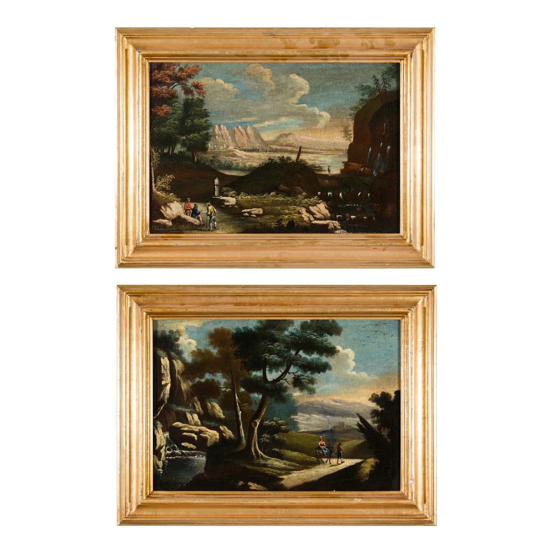 Scuola del Centro Italia del XVII secolo: Scuola del Centro Italia del XVII secolo Viandanti che chiacchierano - Viandanti nei pressi di una cascatella Olio su tela 41 x 60 cm - 42 x 57 cm Central Italian school of the 17th century Travellers