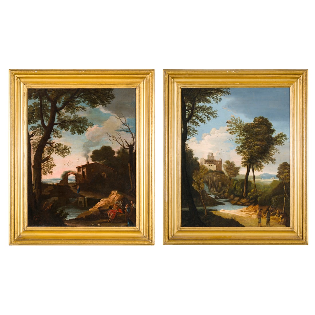 Scuola napoletana del XVIII secolo: Scuola napoletana del XVIII secolo Coppia di paesaggi Olio su tela 62 x 49 cm Neapolitan school of the 18th century A Pair of Landscapes Oil on canvas 62 x 49 cm