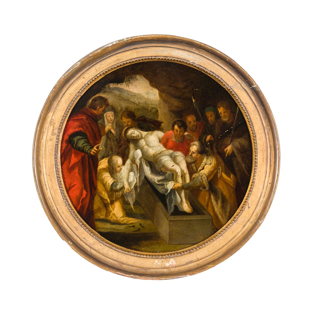 Scuola romana del XVI/XVII secolo: Scuola romana del XVI/XVII secolo Sepoltura di Cristo Olio su tavola d 32 cm Roman school of the 16th/17th century The Entombment of Christ Oil on panel d 32 cm