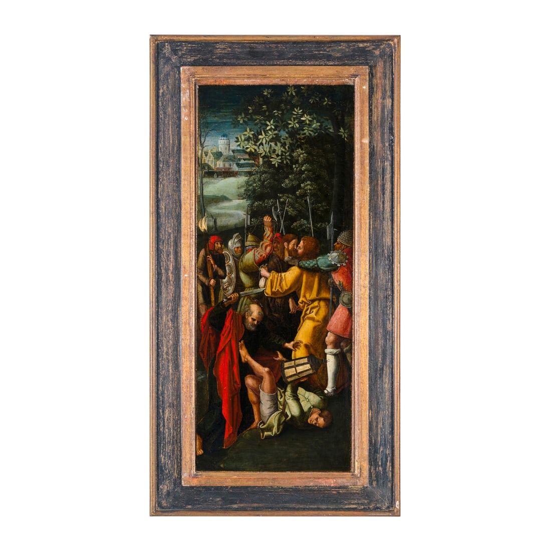 Albrecht Dürer (Norimberga 1471 - 1528) cerchia/seguace del XVI secolo: Albrecht Dürer (Norimberga 1471 - 1528) cerchia/seguace del XVI secolo Bacio di Giuda o Tradimento Olio su tavola 62 x 24,5 cm (a vista) Il dipinto riprende l'incisione del 1509, facente parte della 