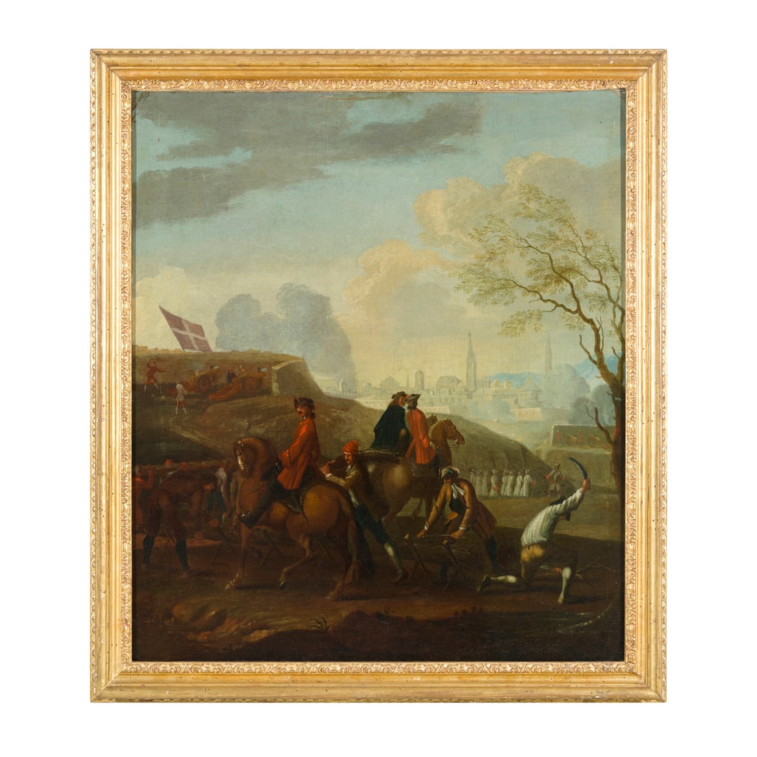 Georg Philipp Rugendas (Augusta 1666 - 1742): Georg Philipp Rugendas (Augusta 1666 - 1742) Assedio di una città Olio su tela 87 x 75 cm L'opera nasce dalla fusione di due invenzioni di Rugendas: il paesaggio con soldati è tratto dal disegno rea