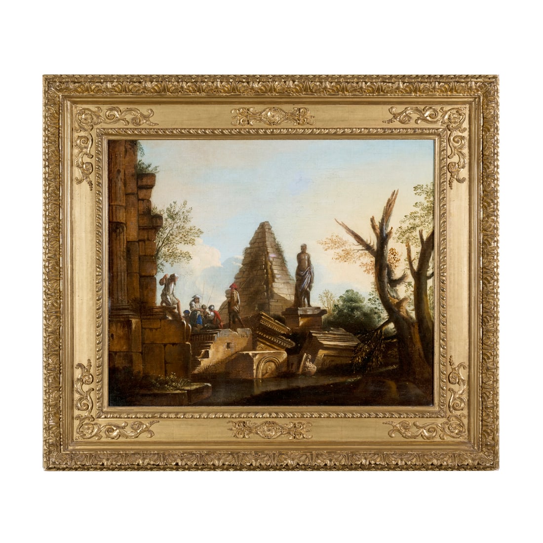 Giovanni Paolo Pannini o Panini (Piacenza 1691 - Roma 1765) bottega di: Giovanni Paolo Pannini o Panini (Piacenza 1691 - Roma 1765) bottega di Rovine con la piramide di Caio Cestio Olio su tela 62 x 75 cm La tela trova riferimento con l'omonima opera di Panini conservata 