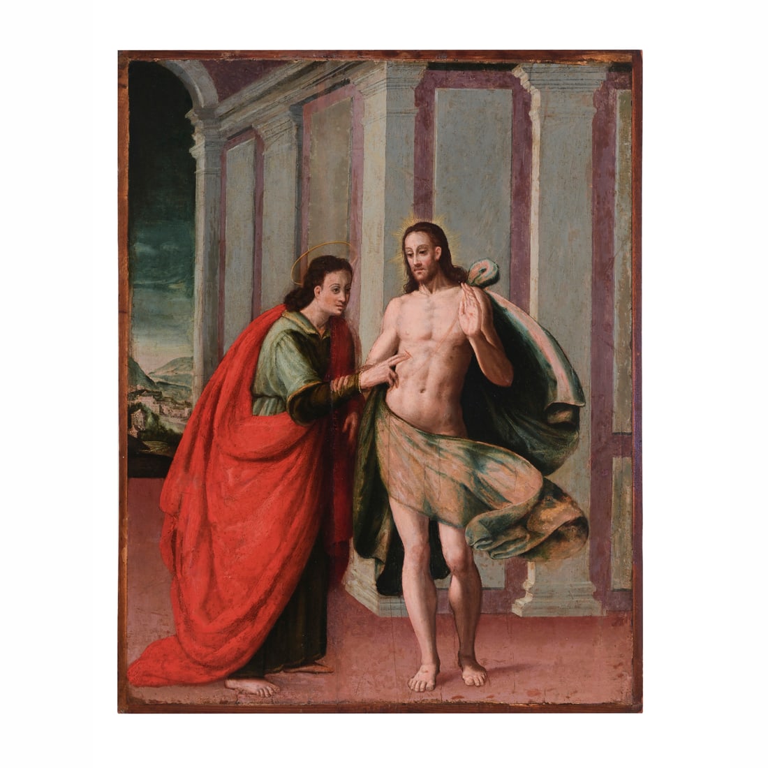 Scuola italiana del XVI secolo: Scuola italiana del XVI secolo Incredulità di San Tommaso Olio su tavola 57 x 44,5 cm Italian school of the 16th century The Incredulity of Saint Thomas Oil on panel 57 x 44,5 cm