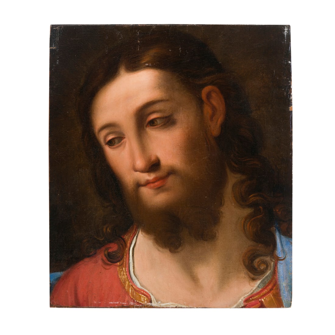 Scuola veneta del XVIII secolo: Scuola veneta del XVIII secolo Volto di Cristo Olio su tela applicata su tavola 31,5 x 27,5 cm Venetian school of the 18th century The Face of Christ Oil on canvas applied to wood panel 31,5 x 27,5 cm