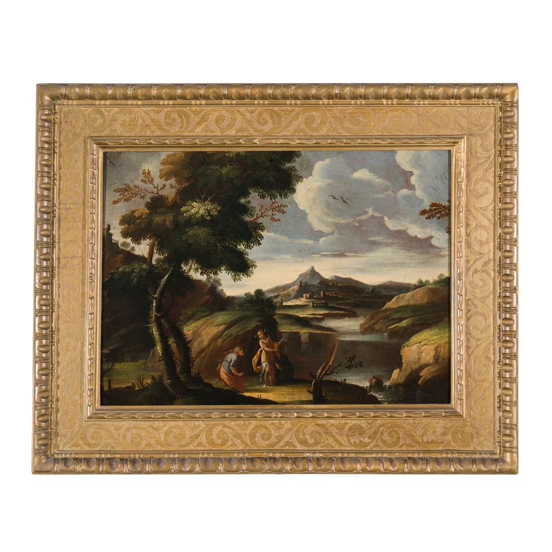 Scuola italiana del XVII secolo: Scuola italiana del XVII secolo Paesaggio Olio su tela 51 x 69 cm (piegata al retro nei quattro lati) Italian school of the 17th century Landscape Oil on canvas 51 x 69 cm (folded at the back on all f