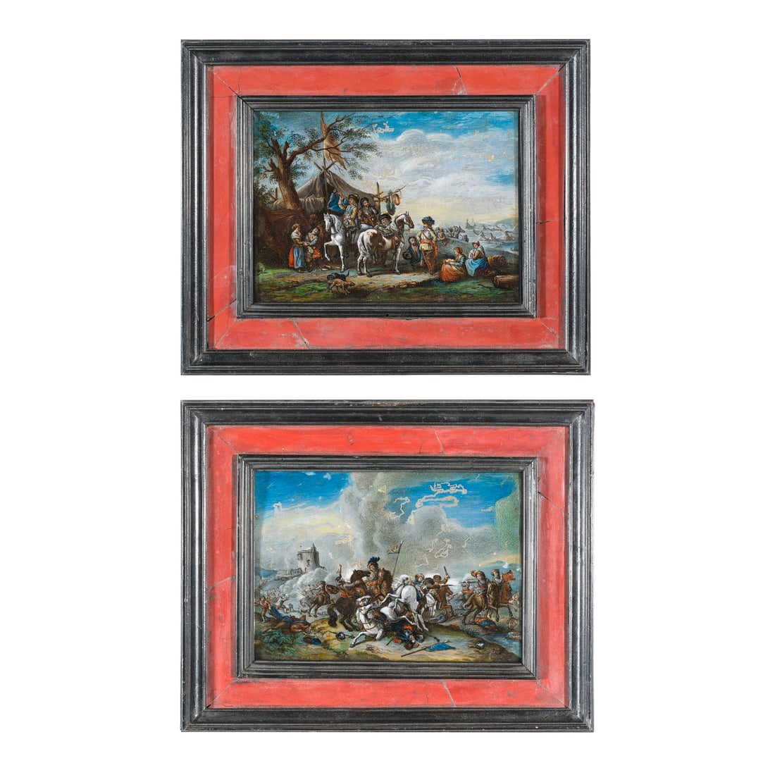 Philips Wouwerman (Haarlem 1619 - 1668): Philips Wouwerman (Haarlem 1619 - 1668) Scontro tra cavallerie - Sosta di cavalieri Olio su metallo argentato 9,5 x 13 cm La prima formazione di Philips Wouwerman avvenne, oltre che presso la bottega 