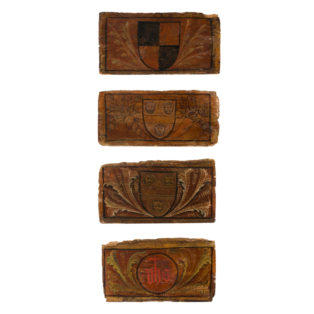 Scuola lombarda del XV secolo: Scuola lombarda del XV secolo Quattro tavole da soffitto con stemmi araldici Tempera su tavola 22 x 43 cm Queste tavole, tipiche del Quattrocento, un tempo decoravano i soffitti di chiese e palazzi de