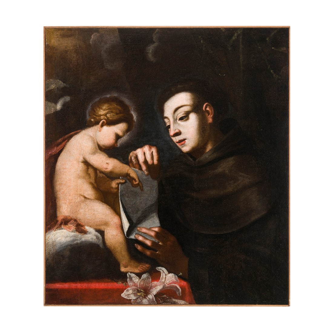 Scuola lombarda del XVII secolo: Scuola lombarda del XVII secolo Sant'Antonio e Gesù Bambino Olio su tela 83 x 73 cm Lombard school of the 17th century Saint Anthony and the Christ Child Oil on canvas 83 × 73 cm