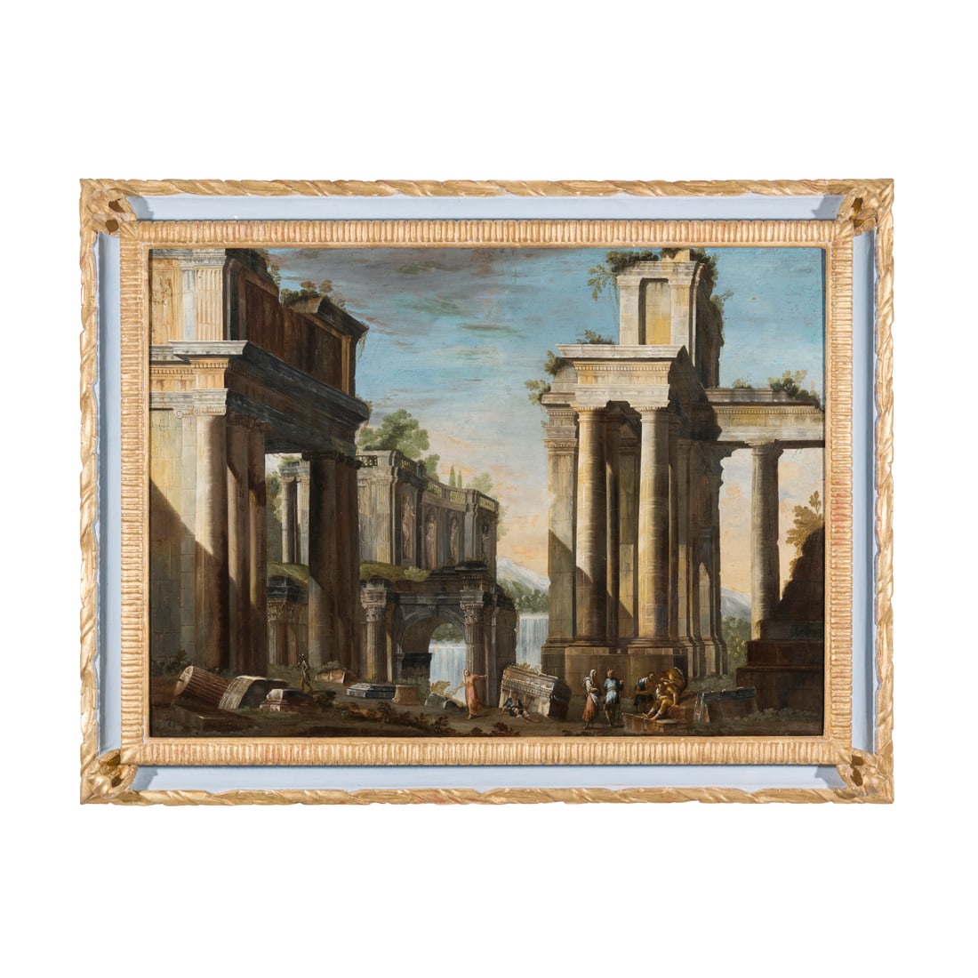 Scuola francese del XVII/XVIII secolo: Scuola francese del XVII/XVIII secolo Capriccio architettonico con personaggi Olio su tela 98 x 135 cm French school of the 17th/18th century Architectural Capriccio with Figures Oil on canvas 98 × 1