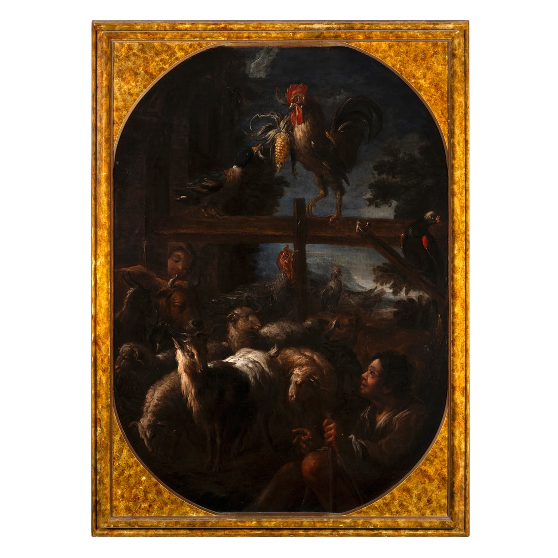 Felice Boselli (Piacenza 1650 - Parma 1732): Felice Boselli (Piacenza 1650 - Parma 1732) Pastorelli con gregge e animali da cortile Olio su tela 155 x 111 cm Felice Boselli fu attivo soprattutto a Parma, città in cui si trasferì intorno al 167