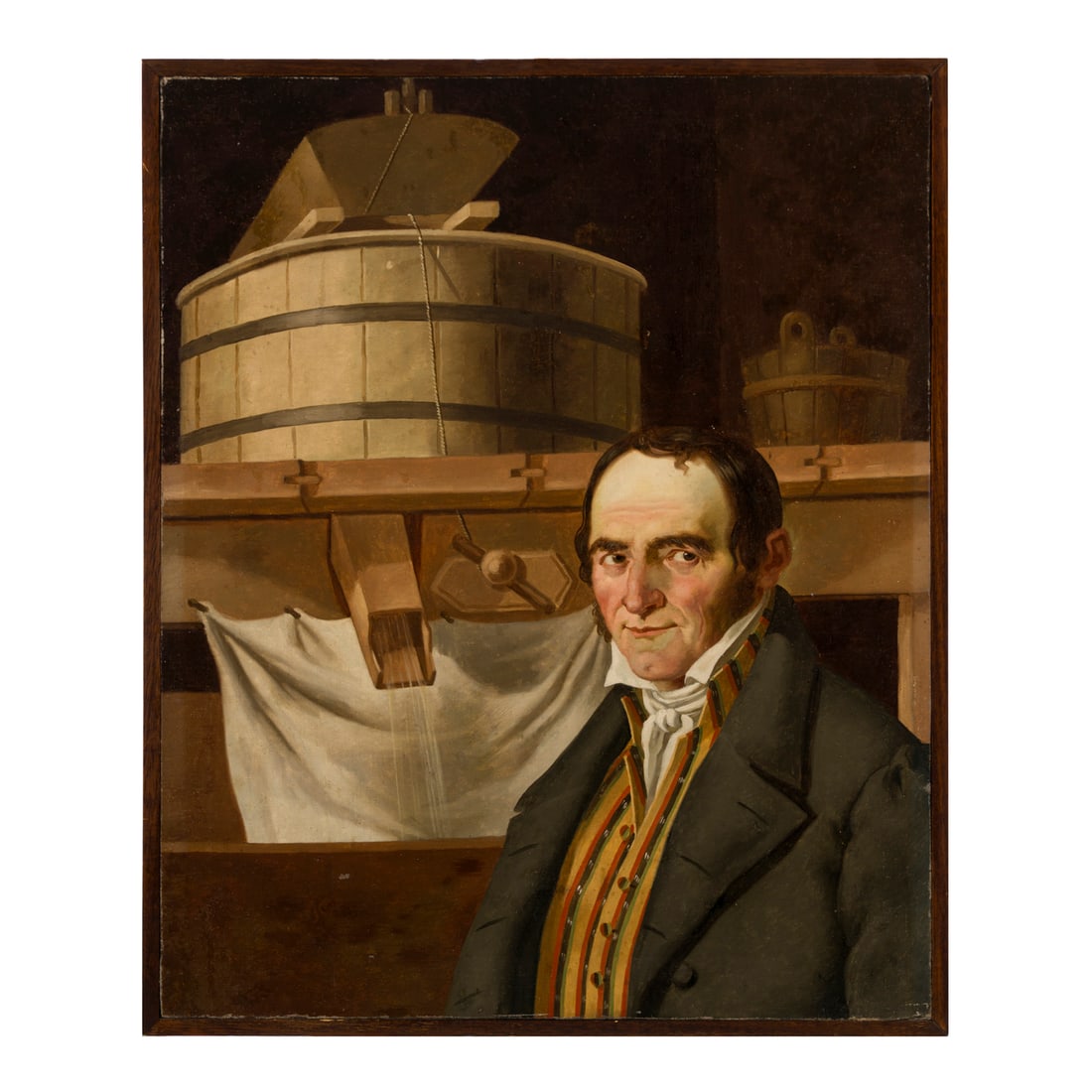 Scuola francese o italiana del XVIII/XIX secolo: Scuola francese o italiana del XVIII/XIX secolo Vignaiolo nella sua cantina Olio su tela 80 x 65 cm French or Italian school of the 18th/19th century Winemaker in His Cellar Oil on canvas 80 × 65 cm