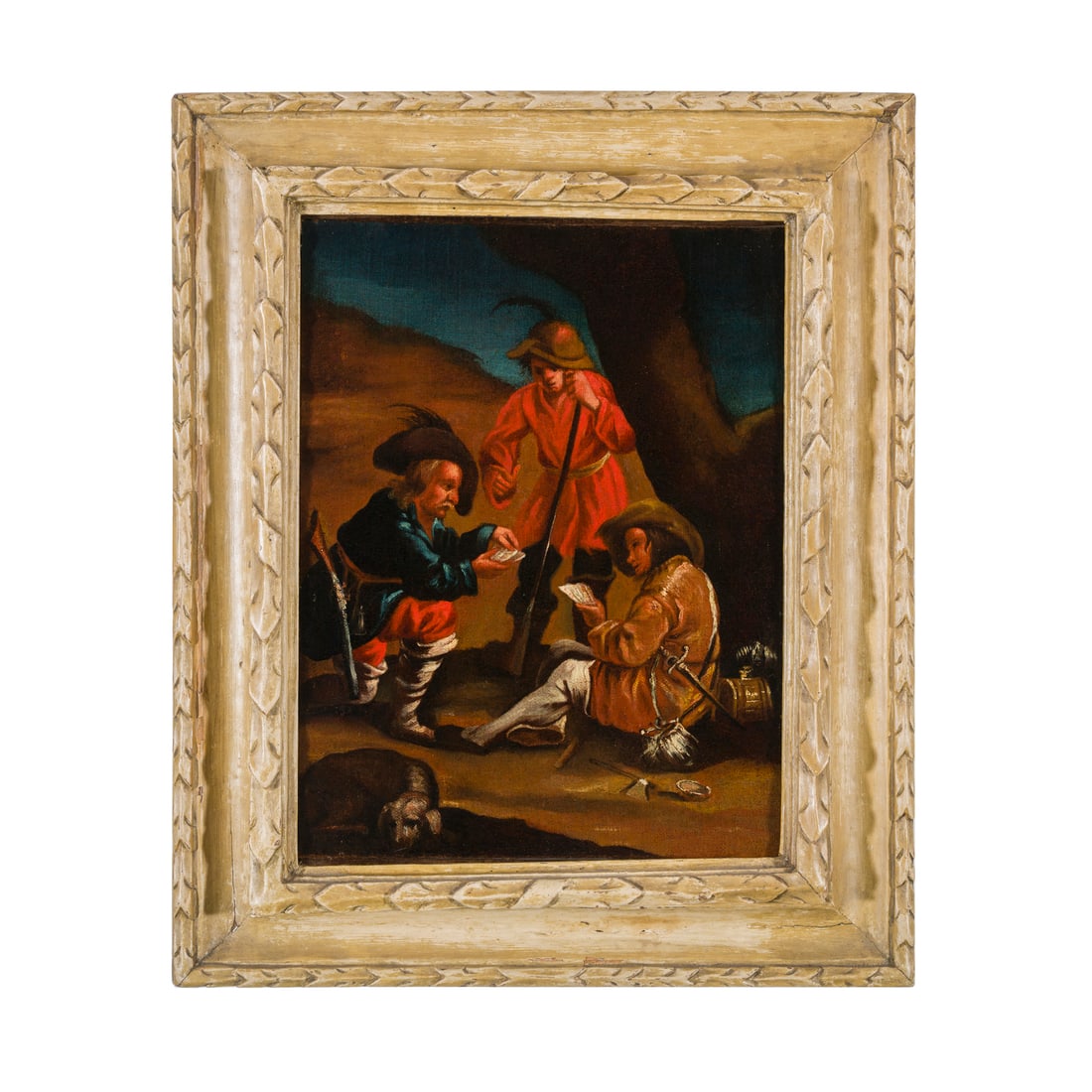 Scuola romana del XVIII secolo: Scuola romana del XVIII secolo Briganti in riposo che giocano a carte Olio su tela 47 x 36,5 cm Roman school of the 18th century Brigands at Rest Playing Cards Oil on canvas 47 × 36,5 cm