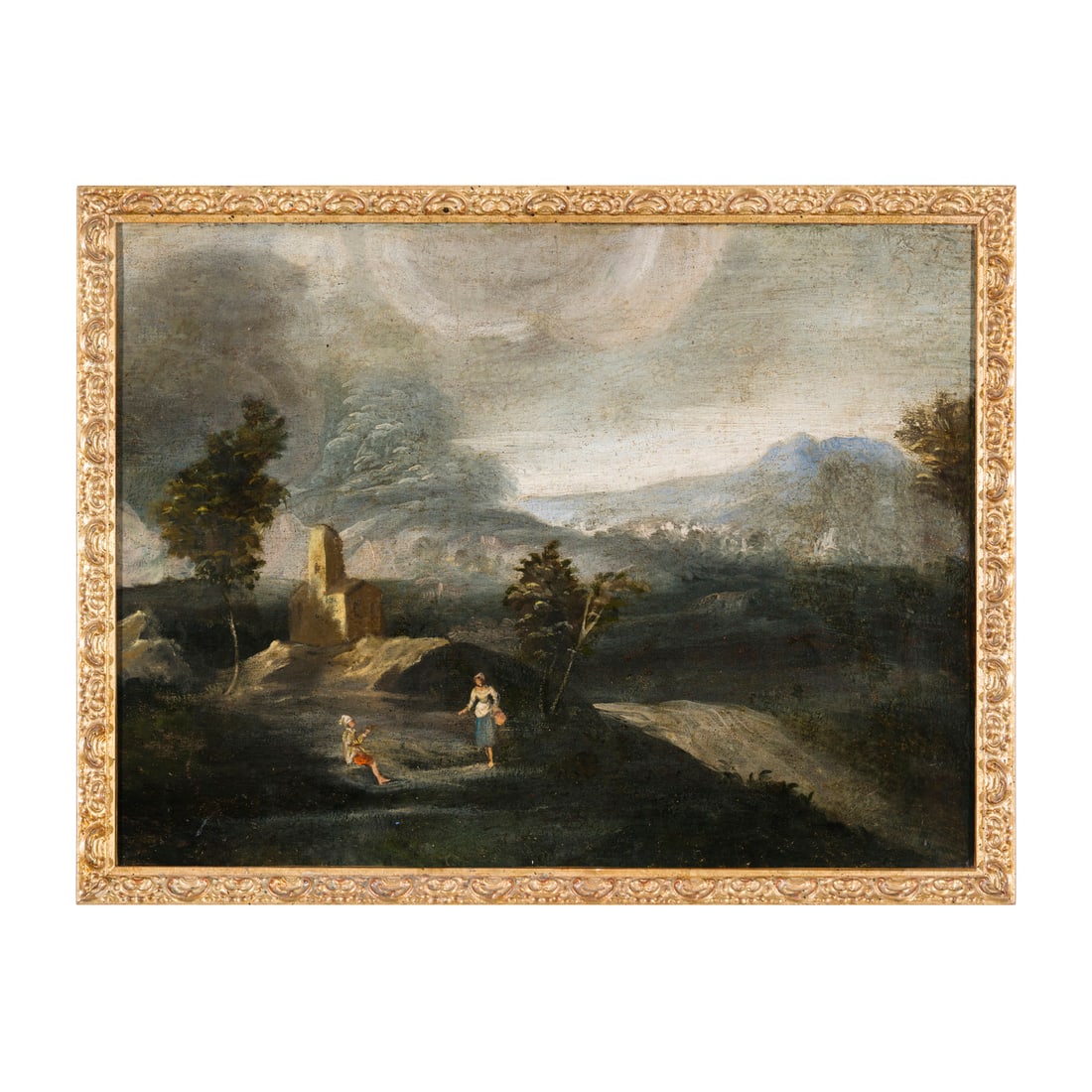 Scuola italiana del XVIII secolo: Scuola italiana del XVIII secolo Paesaggio con figure Olio su tela 45 x 60 cm Italian school of the 18th century Landscape with Figures Oil on canvas 45 × 60 cm