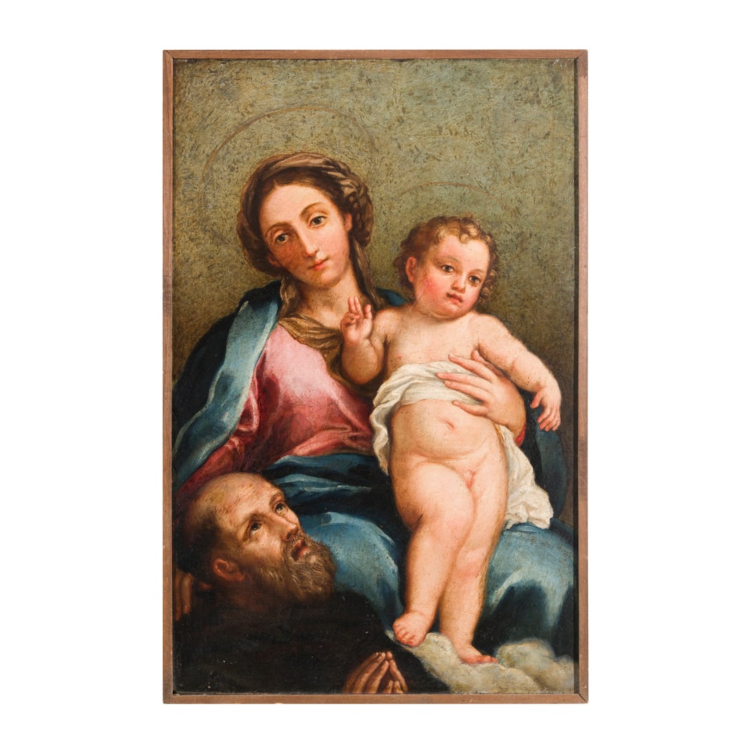 Scuola veronese del XVII secolo: Scuola veronese del XVII secolo Madonna con Gesù bambino e santo orante Olio su ardesia 76,5 x 48,5 cm Veronese school of the 17th century Madonna with Child and a Praying Saint Oil on slate 76,5 × 