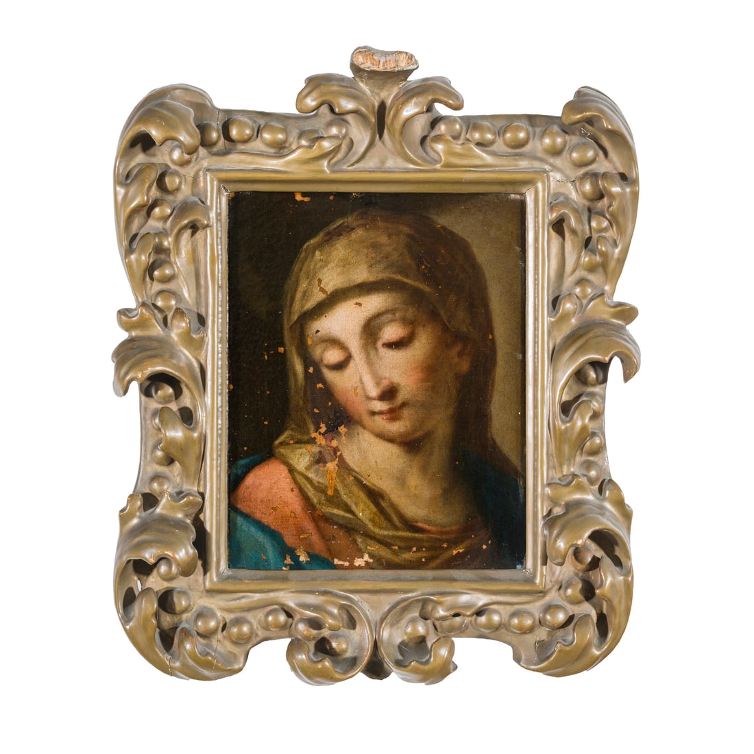 Scuola romana del XVII/XVIII secolo: Scuola romana del XVII/XVIII secolo Volto della Vergine Maria Olio su tela 29,5 x 22,5 cm Roman school of the 17th/18th century Head of the Virgin Mary Oil on canvas 29,5 × 22,5 cm