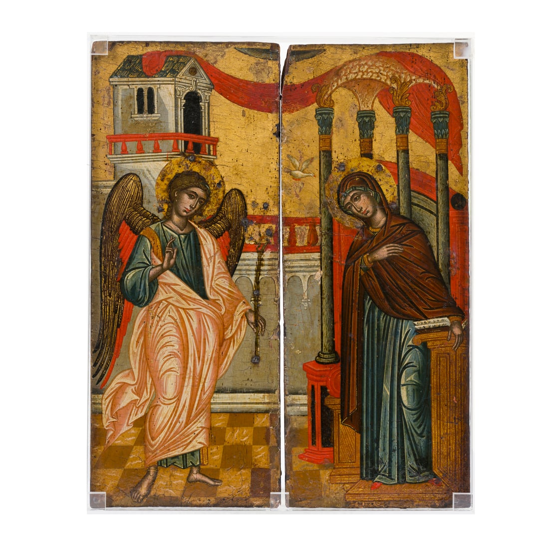 Icona veneto cretese del XVI secolo: Icona veneto cretese del XVI secolo Annunciazione e San Teodoro di Tiro (o di Amasea) e San Teodoro Stratelate (o "il Generale") Tempera e oro su tavola 27 x 22 cm L'opera trova un riferimento preciso
