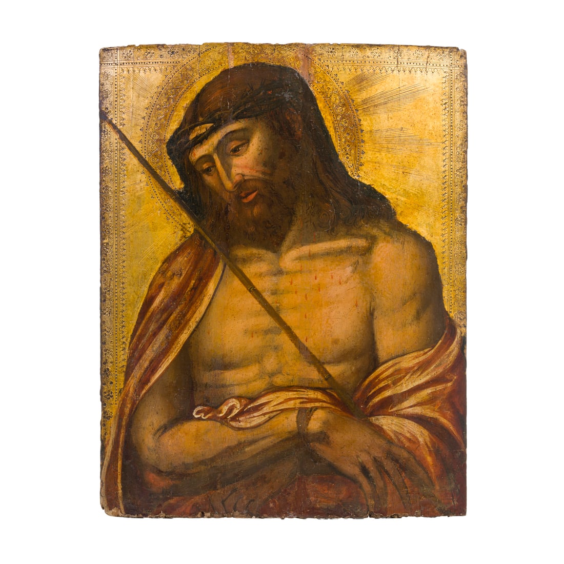 Icona veneto cretese del XVII secolo: Icona veneto cretese del XVII secolo Ecce homo Tempera e oro su tavola 56,5 x 44 cm L'icona presenta un'originale e rara cornice realizzata a punzone detta "alla veneziana" L'icona riprende il prototi