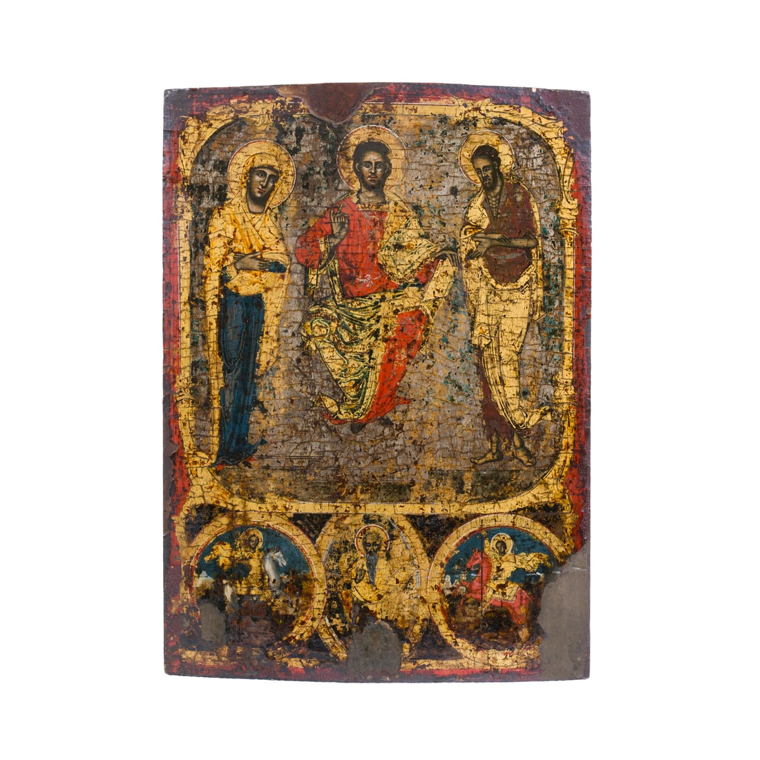 Icona di scuola Eptanese o Ionica del XVIII secolo: Icona di scuola Eptanese o Ionica del XVIII secolo Diesis, San Giorgio (?), San Nicola (?), San Teodoro (?) Tempera, oro e argento su tavola 41,2 x 29,4 cm Icon of the Heptanese school of the 18th cen