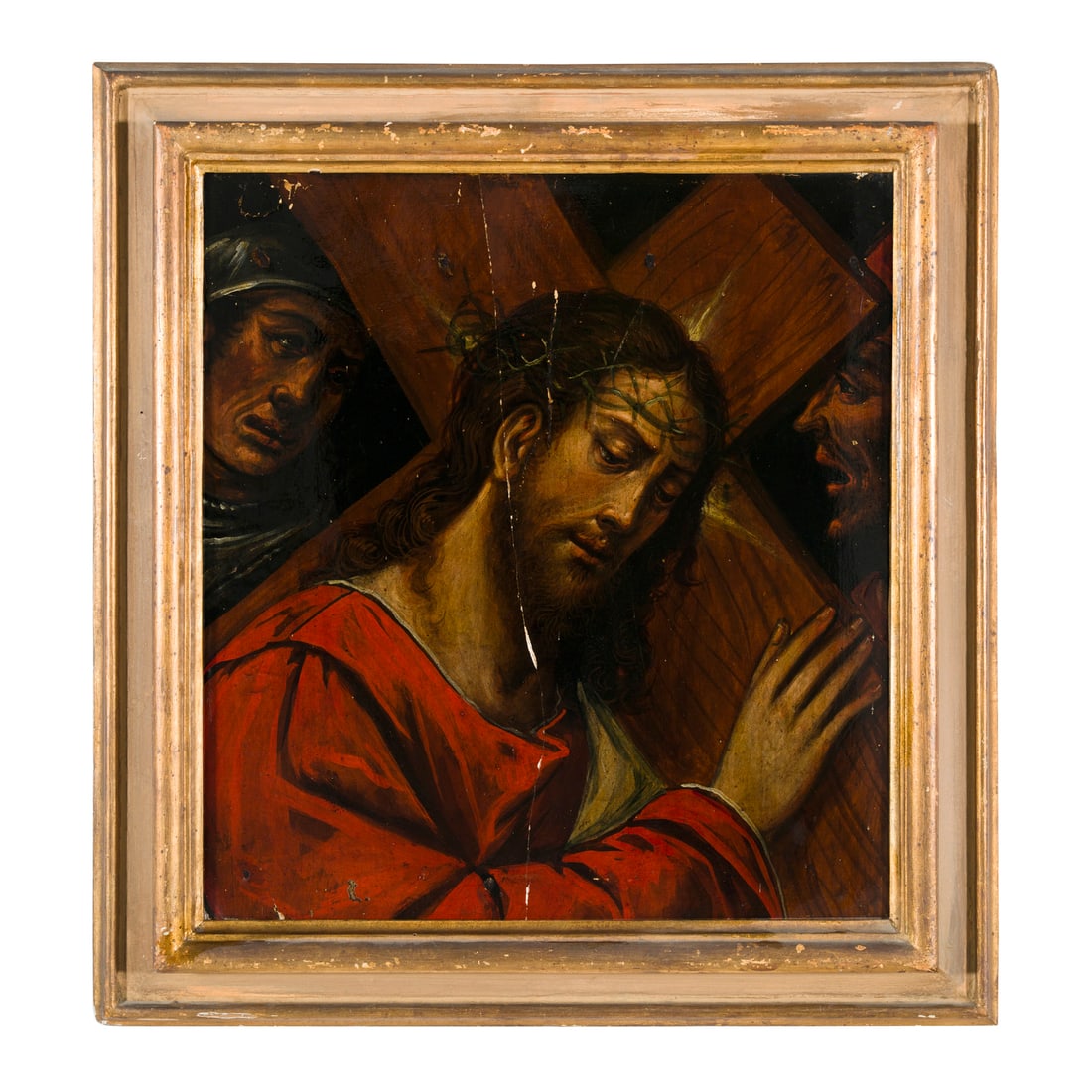 Icona veneto cretese del XVII secolo: Icona veneto cretese del XVII secolo Cristo portacroce Tempera e oro su tavola 51 x 46 cm A Veneto-Cretan icon of the 17th century Christ Carrying the Cross Tempera and gold on panel 51 × 46 cm