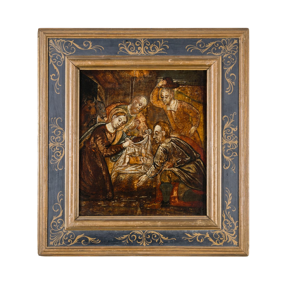 Scuola veneto cretese del XVII secolo: Scuola veneto cretese del XVII secolo Adorazione dei pastori Tempera su tavola 43 x 37 cm Veneto-Cretan school of the 17th century Adoration of the Shepherds Tempera on panel 43 × 37 cm