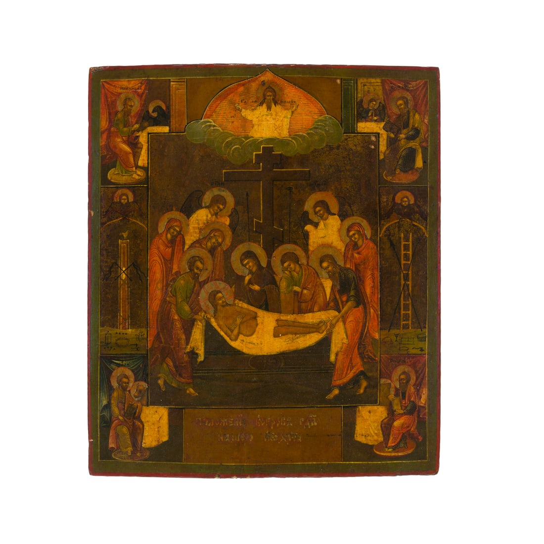 Icona russa del XVIII secolo: Icona russa Deposizione dalla croce Tempera all'uovo su tavola Russia settentrionale, XVIII secolo 36 x 29,5 cm A Russian icon Deposition from the Cross Egg tempera on panel Northern Russia, 18th cent