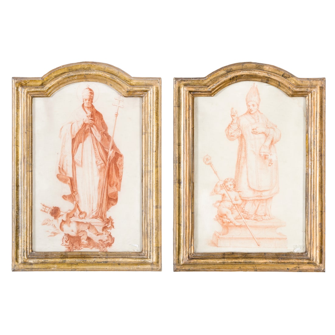 Scuola emiliana del XVIII secolo: Scuola emiliana del XVIII secolo Vescovo benedicente con angelo che tiene il bastone Pastorale - San Pietro con angelo che porta le chiavi Sanguigna su carta 357 x 235 mm Il disegno del vescovo risult
