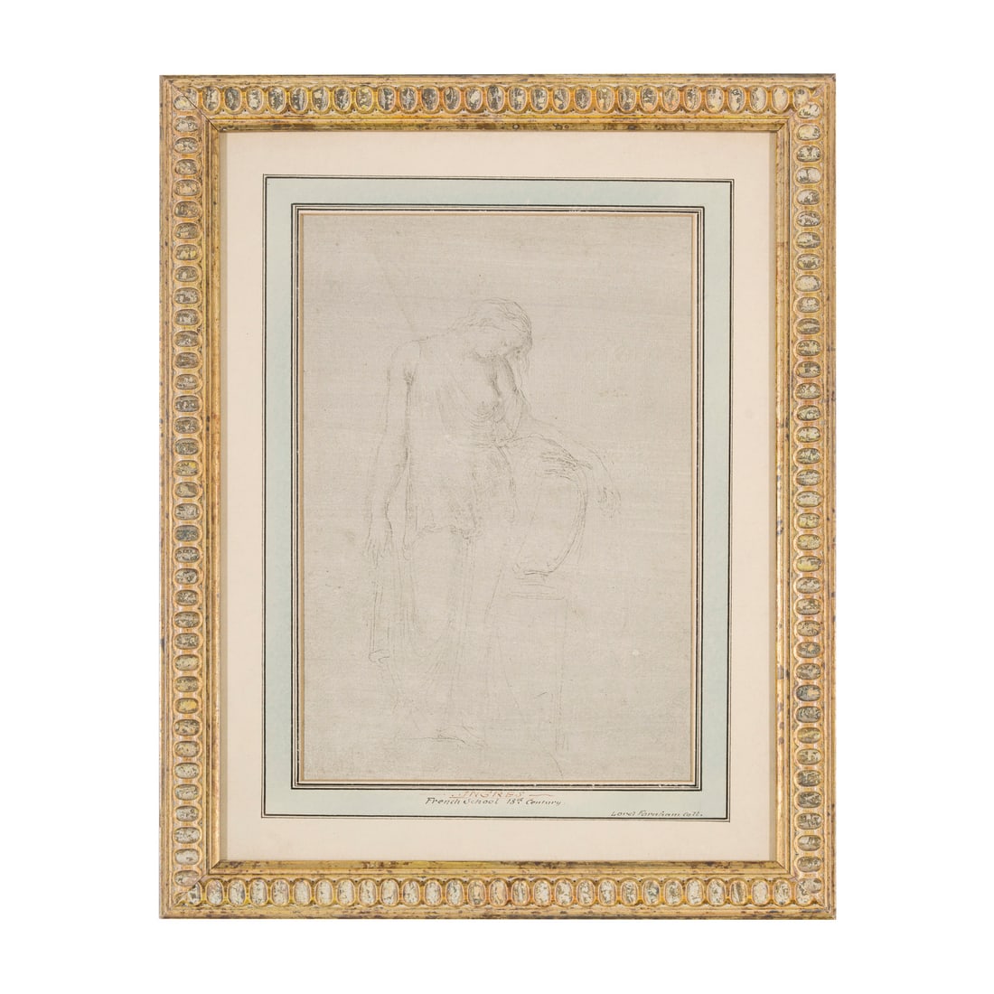 Jean-Auguste-Dominique Ingres (Montauban 1780 - Parigi 1867): Jean-Auguste-Dominique Ingres (Montauban 1780 - Parigi 1867) Giovane donna che posa il braccio su un'urna Matita su carta beige 280 x 193 mm Al retro schizzo a matita Provenienza: Collezione di Lord F