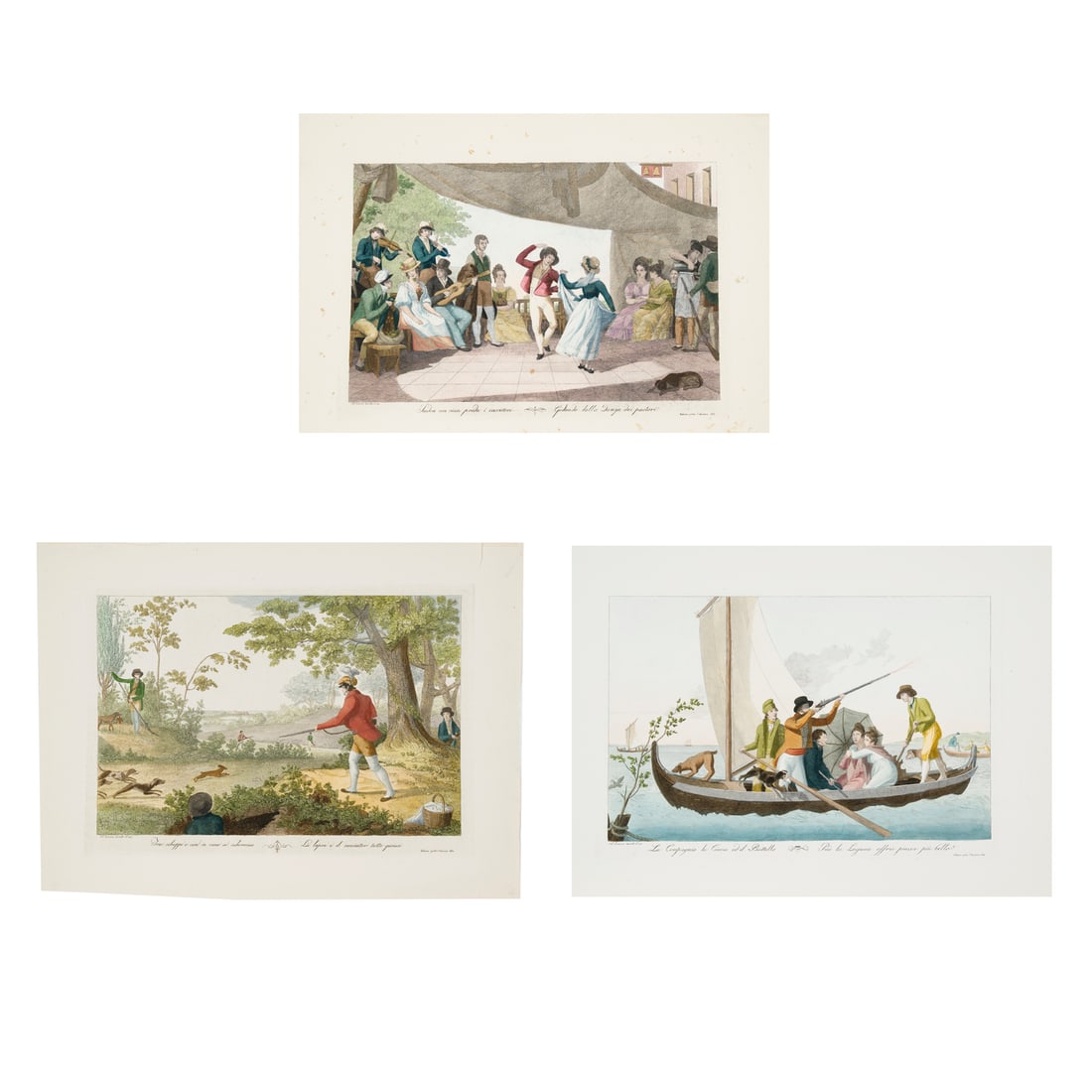 Sebastiano Lovison, Lovisoni o Luison (Udine 1775 - Bassano del Grappa 1845): Sebastiano Lovison, Lovisoni o Luison (Udine 1775 - Bassano del Grappa 1845) Acquaforte e acquerello Due scene di caccia, 317 x 435 mm - 350 x 503 mm Festa popolare, 325 x 433 mm Sebastiano Lovison, L