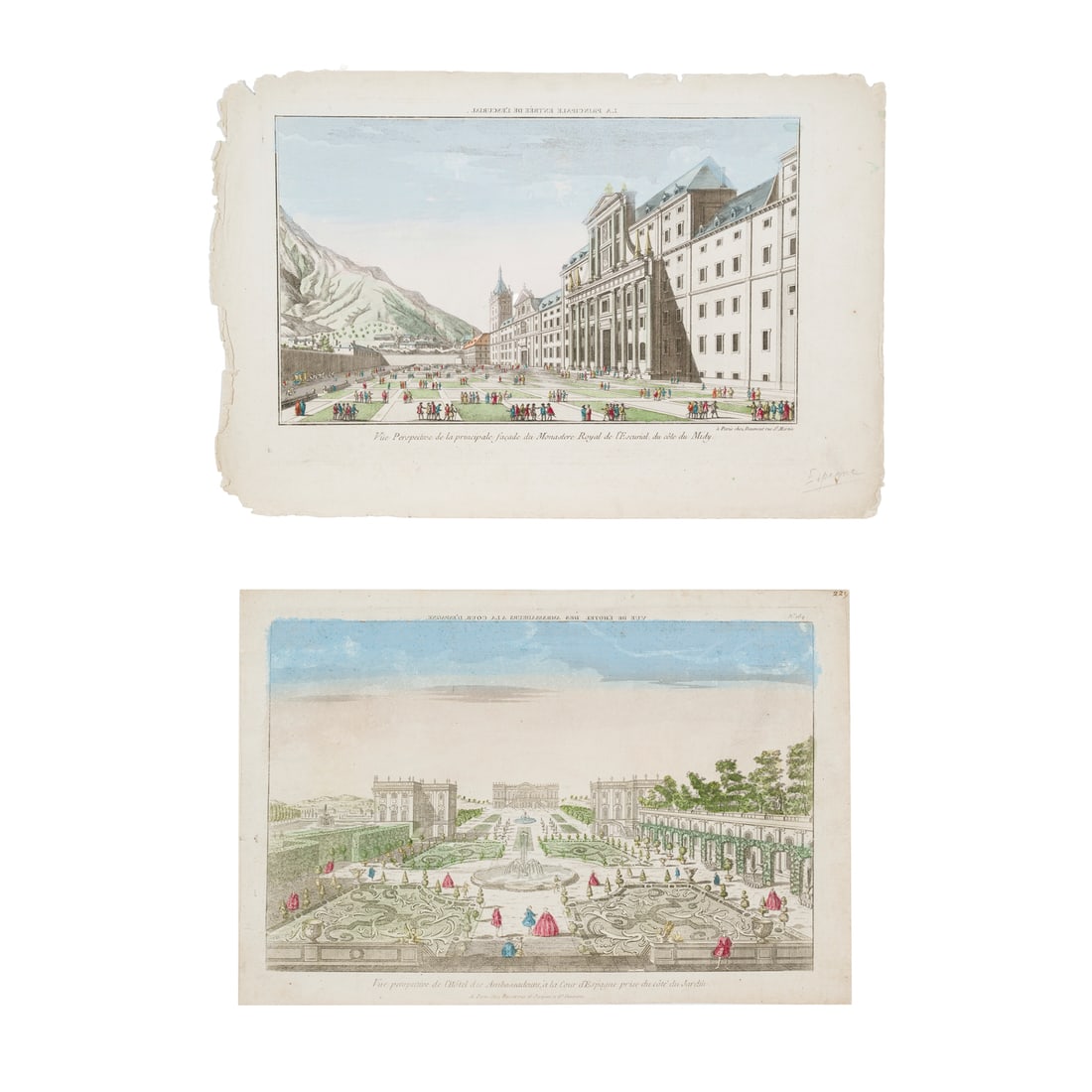 Incisori francesi del XVIII secolo: Incisori francesi del XVIII secolo Due vedute prospettiche di residenze reali a Madrid Bulino 310 x 452 mm 334 x 505 mm French engravers of the 18th century Two Perspectives of Royal Residences in Mad
