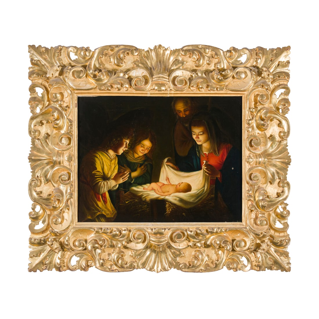 Gerrit van Honthorst, Gherardo delle Notti (Utrecht 1592 - 1656) copia del XIX secolo: Gerrit van Honthorst, Gherardo delle Notti (Utrecht 1592 - 1656) copia del XIX secolo Adorazione degli angeli Olio su tela 47 x 61 cm L'opera è conservata entro una splendida cornice del XIX secolo L